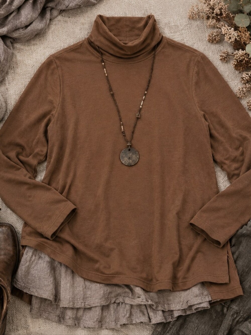 J.Jill Luxe Supima Turtleneck Tunic XL Brown Supima Cotton Stretch Long Sleeve